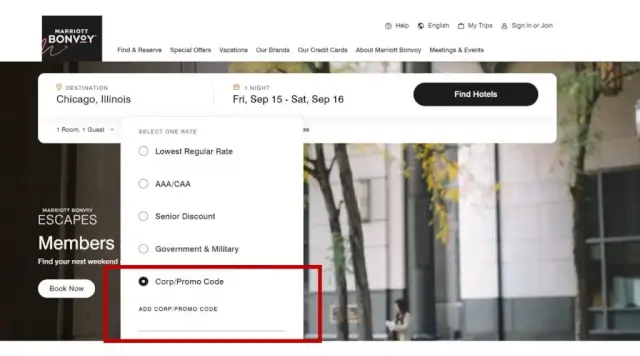 Where to enter the Marriott Corporate Code booking page