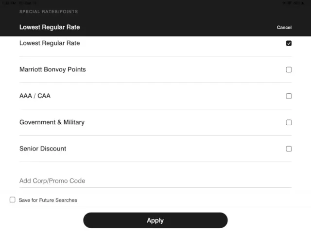 Marriott Corporate Code Comparison on App Step 1